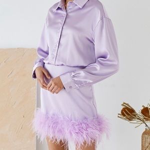 ETHEREAL FEATHER LONG SLEEVE SATIN DRESS IN PURPLE